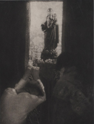 <em>Untitled (Two people bowing before a statue of a Madonna and child),</em> nd<br />Photogravure<br />Image: 8 x 6"" Paper: 10 x 7 1/2"