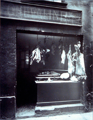 <em>Boucherie, Rue Christine,</em> 1923-24<br />Gelatin silver print<br />Image: 9 1/8 x 6 7/8"; Mount: 12 15/16 x 10"