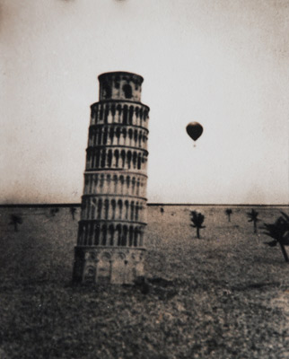 <em>Expeditions (Pisa with Balloon)</em>, 1979<br />Gelatin silver print, toned<br />Image: 4 1/2 x 3 3/4"; Paper: 5 1/2 x 4 1/2";<br />Mount: 11 x 14"