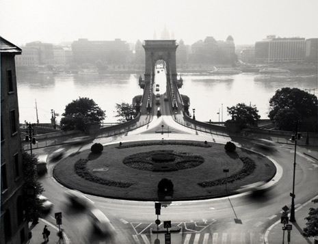 <em>Chain Bridge & Traffic Circle, Budapest,</em> May 1995<br />Vintage gelatin silver print<br />Image: 10 x 12 7/8"; Mount: 16 x 20"